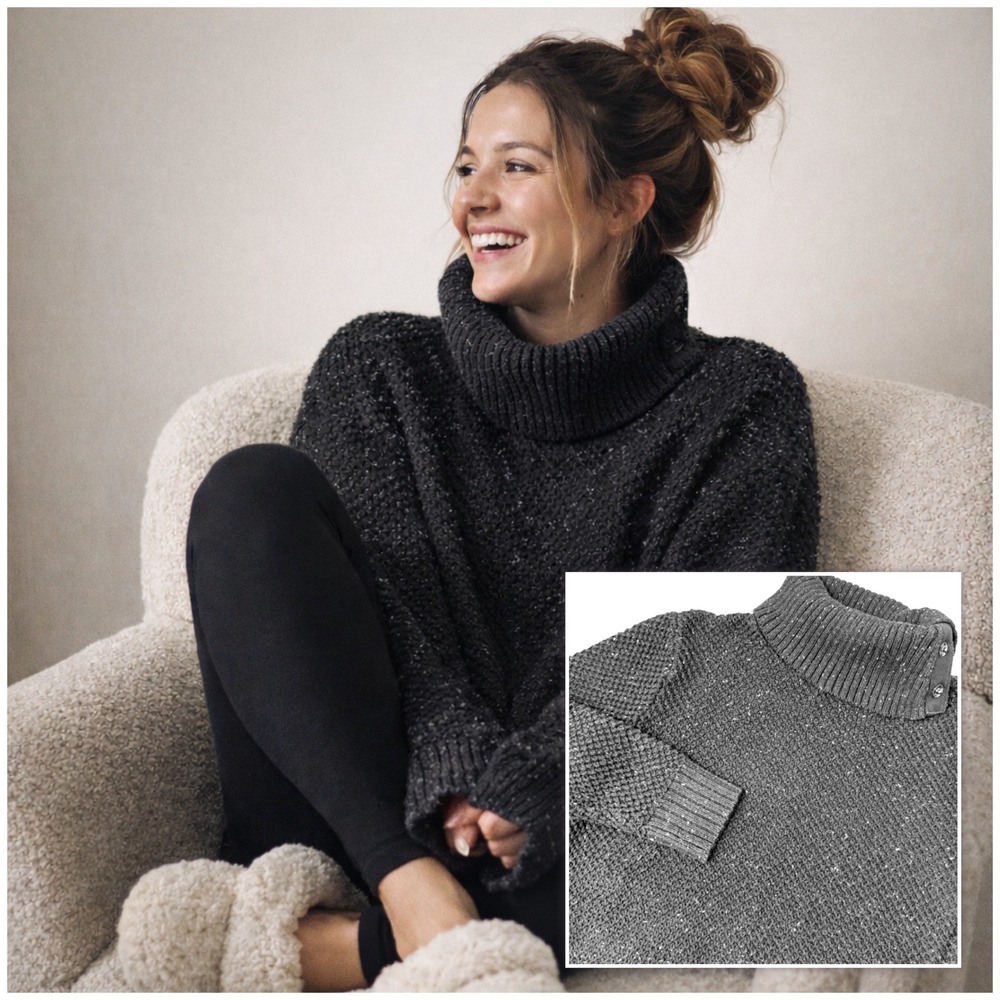 Cozy Marled Yarn Knit Oversized Turtleneck Sweater- Large- Black‎ Tunic Length